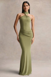 Polina | Olive High-Neck Maxi Dress With Drape And Gold-Detail