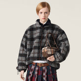 MiuMiu Gray black Checked Teddy Zipper Jacket #335443