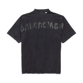 Balenciaga Women's Summer Painted Faded Washed Black Vintage Plain Knit Regular Fit Short Sleeve T-Shirt #74871