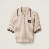 MiuMiu Ladies Summer Beige Polo Neck Cashmere Knit Short Sleeve T-Shirt Top #77556