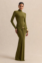 Ambrette | Olive High-Neck Maxi Dress With Gathered-Detailing