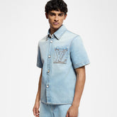 Louis Vuitton Men's Summer Blue Logo Letter Printed Pocket Single Breasted Short Sleeve Denim Shirt #74716