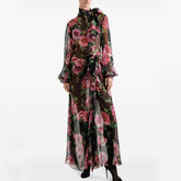 Dolce&Gabbana Women's Summer Floral Printed Half High Neck Tie Mid-Length Silk Long Sleeve Dresses Ngvp #9996