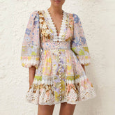 Zimmermann Women's Summer Floral Pattern Printed Lace Trim Linen Fabric V-neck Single Breasted Buttoned Lantern Sleeve Short Dress #77663