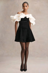 Brynne | Black & Cream Velvet Mini Dress With Satin Puff Sleeves