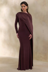 Salenne | Brown Wide-Neck Maxi Dress With Satin Asymmetric-Cape