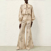 Zimmermann Women's Summer Sketch Floral Print Bow Tie Collar Solid Colour Single Breasted Silk Shirt Slim Pants Suit Set #76951