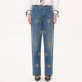 Valentino Women's Four-Season Vintage Heart-Shaped Embroidered Floral Beaded Solid-Color Denim Jeans Pants Ngvp #2379