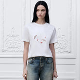 DIOR Dioramour Fitted T-Shirt White Cotton Jersey with Multicolor Doves Roses Motif #375761