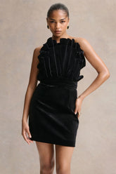 Polly | Black Velvet Ruffled Strapless Mini Dress