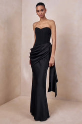 Oakley | Black Satin Bandeau Maxi Dress With Draped Skirt