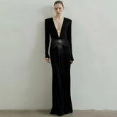 Alex Perry Women's Luxury Exquisite Black With Diamond Slim Long Dress Temperament Fashion Modern Long Sleeve Long Dresses Ngvp #2481