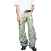 Acne Studios Men's Women's Four Seasons Lace Pearl Chain Printed Zipper Loose Low Waisted Denim Pants Wide Leg Machete Pants Ngvp #1938