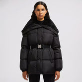 Moncler Women's Fall/Wimter Black Large Lapel Goose Down Jacket With Belt Nylon Short Style Light Jacket #332539