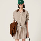 MiuMiu Women's Spring And Summer Color Blocking Plaid Letters Embroidery Single Breasted Long Sleeved Shirt Tie Elastic Waistband Casual Short Skirt Suit Set #75452