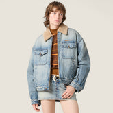 MiuMiu Denim and Wool Trucker Jacket Washed Embroidery Light Blue #332979