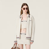 MiuMiu Women's Spring. Autumn And Winter Logo Embroidery Lapel Zipper Stripe Solid Color Long Sleeve Cotton Knit Cardigan Jacket #81288