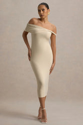 Skye | Sand Twisted Bardot Midi Dress