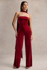 Arcane | Burgundy Velvet Bandeau Jumpsuit With Scarf