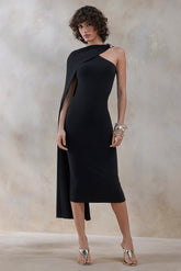 Misoria | Black High-Neck Midi-Dress With Cape-Sleeve