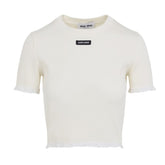 MiuMiu Lace White Knitted T-shirt Women's Spring And Summer Fashionable And Elegant Slim Patch Logo Round Neck Short-sleeved T-shirt Tops #81439