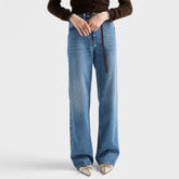 Prada Women's Spring And Fall Five-pocket Jeans Loose Retro Washed Fashion Elegant Triangle Metal Emblem Logo Straight Long Denim Pants #81442