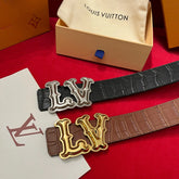 Louis Vuitton Men's Solid Coloured Calfskin Finish Crocodile Pattern Metal Buckle 4cm Belt #76745