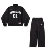 Balenciaga Men's Retro Basketball Sportswear Black High Street Standing Collar Zip Jacket Wide Leg Casual Trousers Pants Suit Set #71859