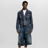 Louis Vuitton Men's and Women's Fashion Casual V Neck Embroidered Kimono Style Long Sleeve Denim Jacket Embroidered Workwear Denim Shorts Suit Set #78735