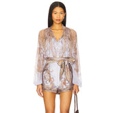 Zimmermann Women's Spring/Summer/Fall V-Neck Floral Print Loose-Fit Long-Sleeve Blouse Viscose Casual High-Waisted Shorts #81566