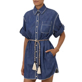 Zimmermann Women's Spring Summer Solid Colour Tassel Belt Denim Single Breasted Short Sleeve Dresses #76731