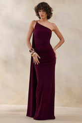 Bettine | Burgundy Asymmetric-Neck Maxi Dress With Cape-Sleeve