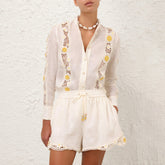 Zimmermann Women's Summer Solid Color Daisy Cotton Hollow Single-Breasted Shirt Lace Up Shorts Suit Set #76261