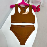 MiuMiu Women's Logo Jacquard Knit Sports Tank Top Cotton Solid Color Triangle Panty Set Suit #81189