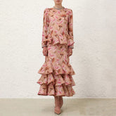 Zimmermann Women's Spring/summer Elegant Floral Print Dress With Multi-layer Ruffled Puff Skirt. Form-fitting Fashionable Dresses Ngvp #2181