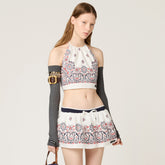 MiuMiu Women's Summer Floral Print Revenge Backless Tank Top and Casual Stretch Waist Short Skirt Set Suit #77553