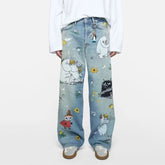 Acne Studios X Moomin Women's Spring/summer Straight Leg Casual Anime Print Fashionable High Street Wide Leg Loose Fit Denim Pants Ngvp #2176