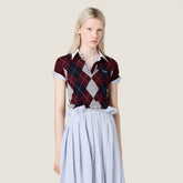 MiuMiu Women's Summer Fashion Casual Collared Diamond Pattern Wool Polo Shirt Short Sleeve T-shirt #78464