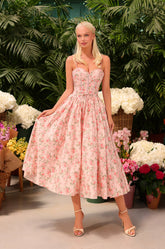 ALOURA Peach Rose Floral Print Midi Dress
