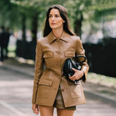Gucci Women's Spring And Autumn Solid Color Single Breasted Drawstring Leather Long Sleeved Jacket Casual Shorts Suit Set #76167