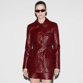 Gucci Women's Autumn and Winter Solid Color Lapel Embossed Printed Leather Mid-Length Belted Long Sleeve Jacket Coat #75168