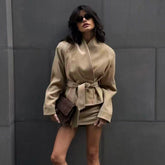 The Row Women's Fall/Winter Vintage Solid-Color Stand-Up Collar Leather Belted Lace-Up Jacket Coat Skirt Suit Set Ngvp #2538
