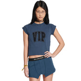 Balenciaga Women's Vip Team Logo Shrunk T-shirt In Dark Blue Spring And Summer Fashion Trend Short Embroidery Logo Retro Casual T-shirt Top Ngvp #1725