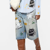 Acne Studios X Moomin Women's Straight-leg Casual Anime Print Wide-leg Cropped Shorts Fashionable Casual High-street Cropped Jeans Ngvp #2175