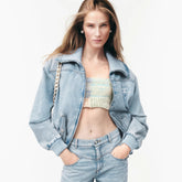 Chanel Women's Spring/Autumn Solid Color Waist-cinching Embroidered Logo Print Zipper Denim Jacket #77863