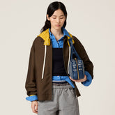 MiuMiu Women's Autumn/Spring Brown Hooded Drawstring Embroidered Logo Zipper Long Sleeve Jacket #77947