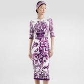 Dolce&Gabbana Majolica Printed Vegan Crepe Satin Dress Women's Spring Summer Purple Fashion Elegant Evening Dresses Ngvp #2428