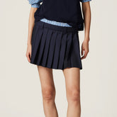 MiuMiu Women's Summer Classic Deep Blue Pleated Skirt - Academy Style Short Dress with Checkerboard Waistband & Delicate Ruffles #75715