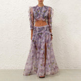 Zimmermann Women's Spring And Autumn Dawning Braided Bodice Floral Printed Silk Round Neck Top Casual Maxi Skirt #81314
