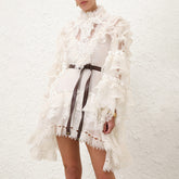 Zimmermann Women's Spring/Summer Solid Color Lace Trim Tie-Waist Short Long-Sleeved Dress #77496
